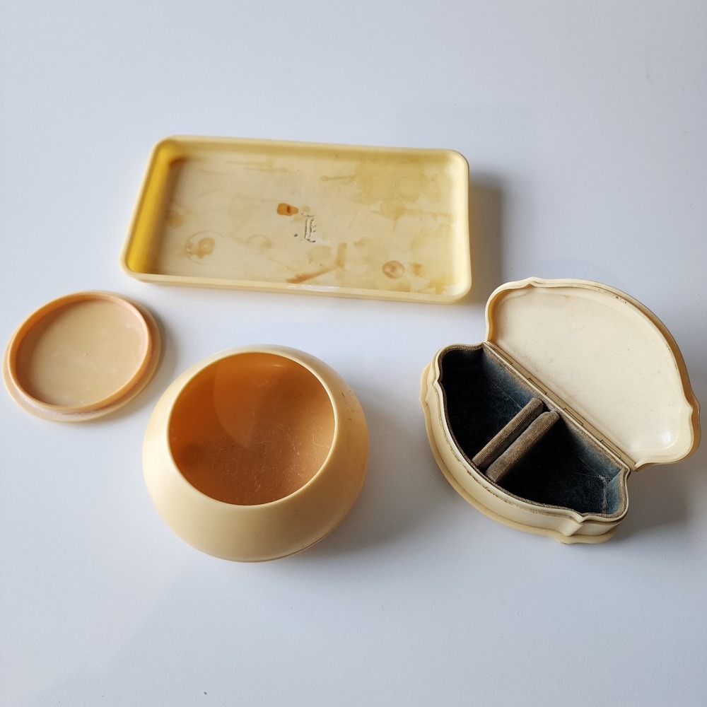 Vintage Celluloid French Ivory Jewelry Box Ring Holder Tray Vanity Set 1930s UK - Picture 2 of 16